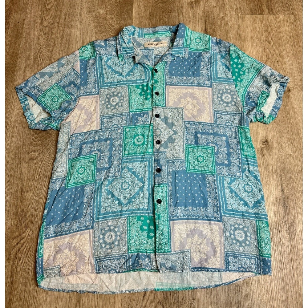 Maison‎ Article XL Bandana Print Button Up Shirt Short Sleeve Blue Green